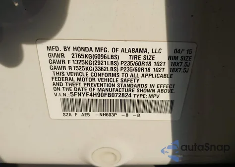 2015 Honda Pilot Touring from USA, damaged, VIN 5FNYF4H90FB072824